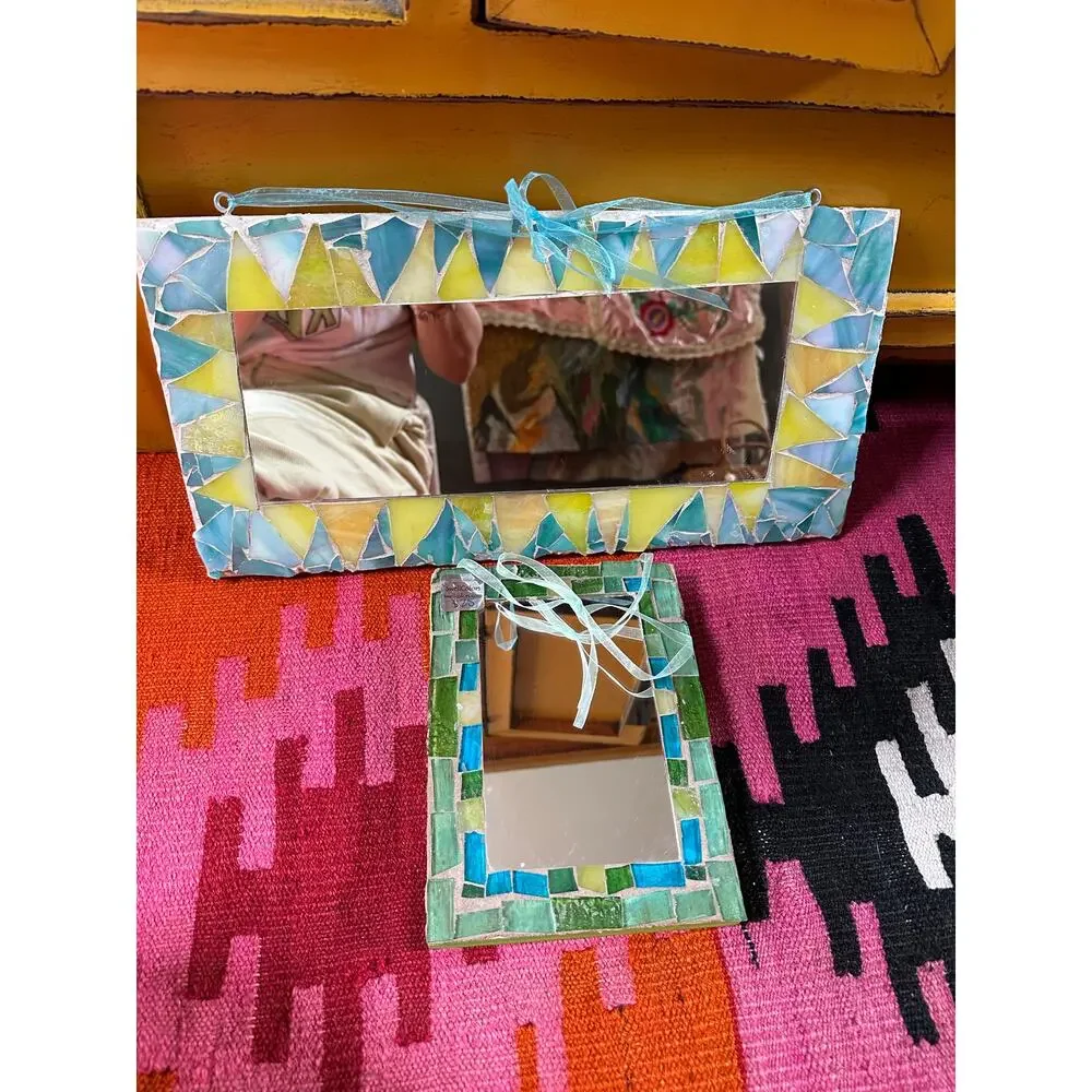 2 Vintage MOSAIC MIRRORS swell colors handmade bohemian green yellow 16x8”,8x6”